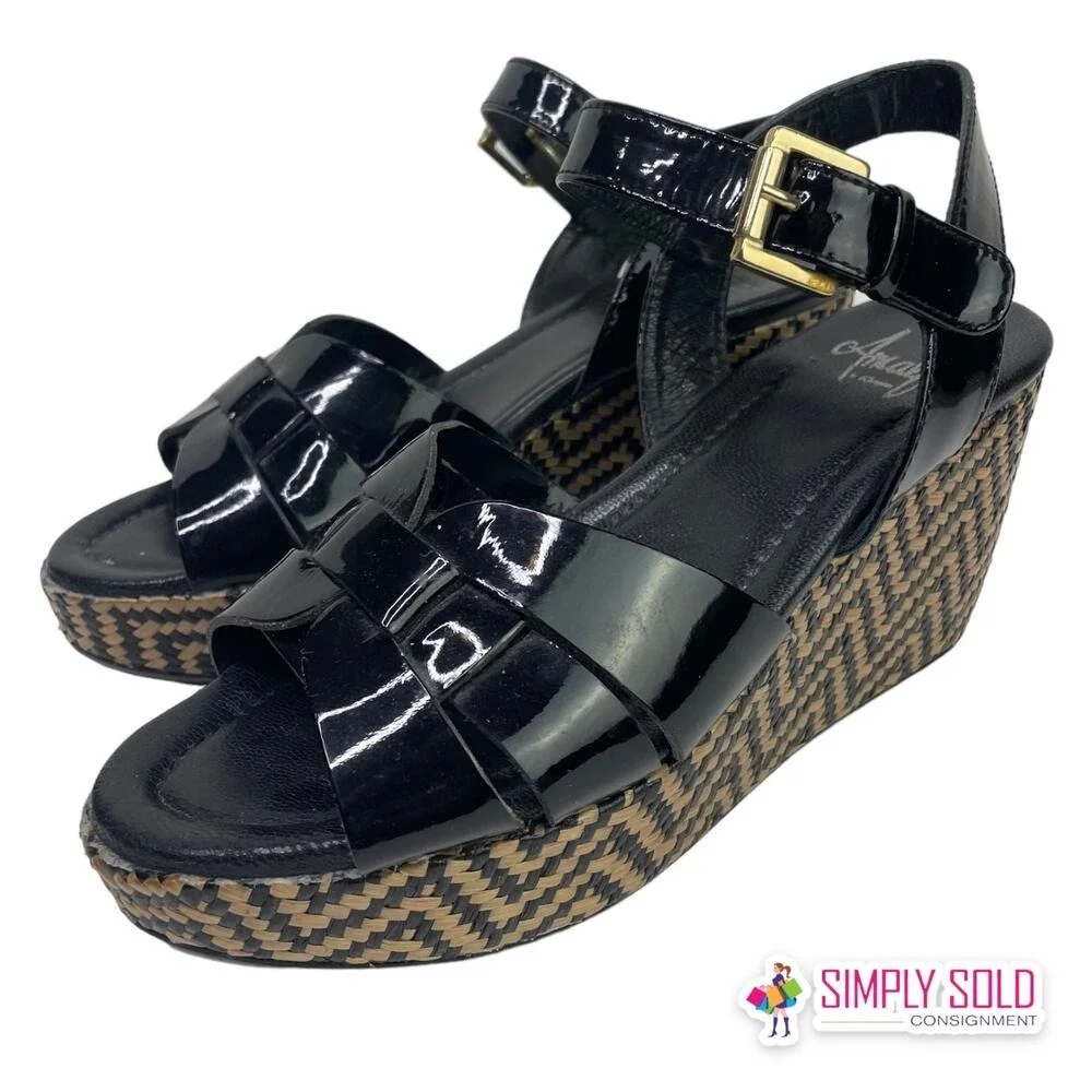 Amalfi By Rangoni Monna Vernice Sandals Womens 6M Black Brown Wedge‎ Shoes
